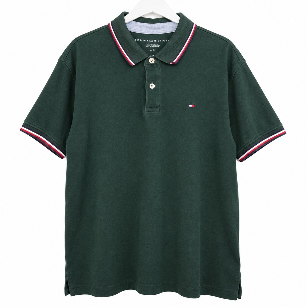 Tommy Hilfiger Polo Shirt Mens Large Green Good Classic Tipped Cotton Logo